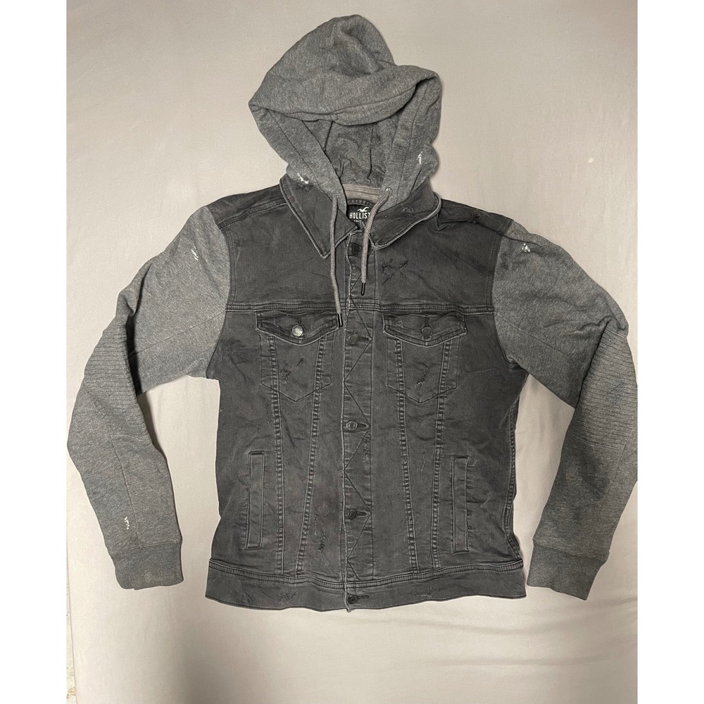 Hollister Mens Denim Trucker Jacket Hooded Mixed Media Washed Black Gray Large